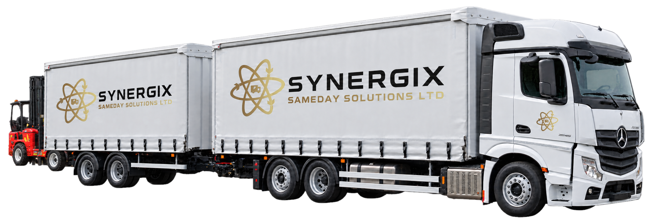 Synergix curtainsider wagon and drawbar trailer carrying a red rear-mounted MOFFETT