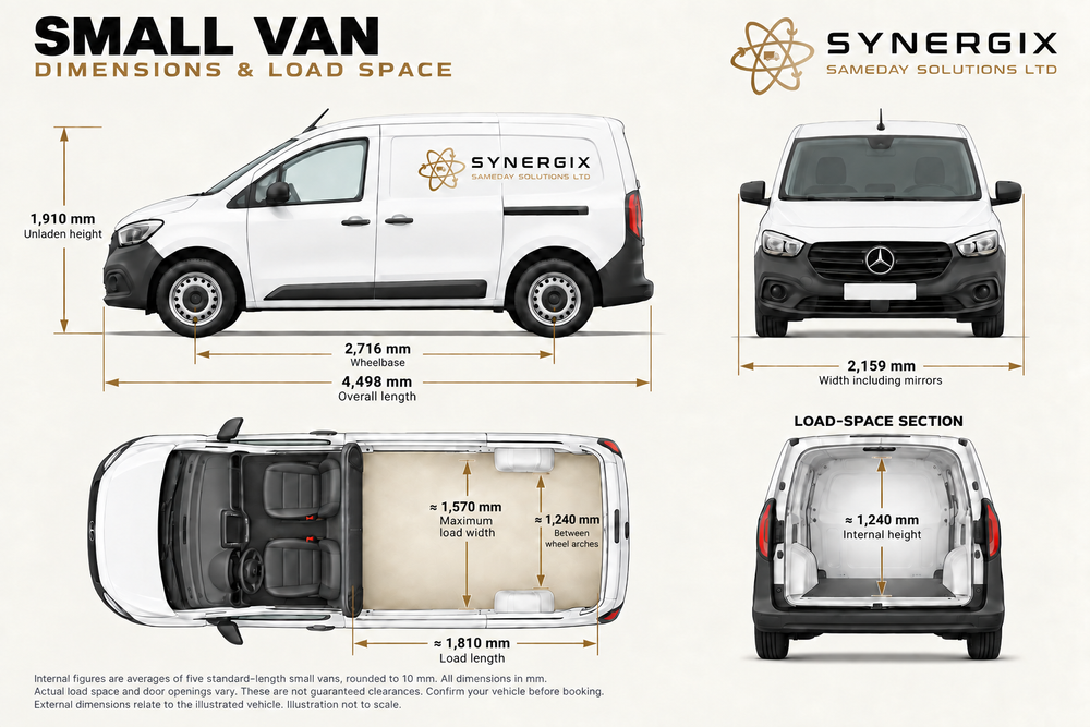 Small van dimensions diagram with side, front, overhead and rear load-space views. Open the full-size image or read the measurements alongside it.