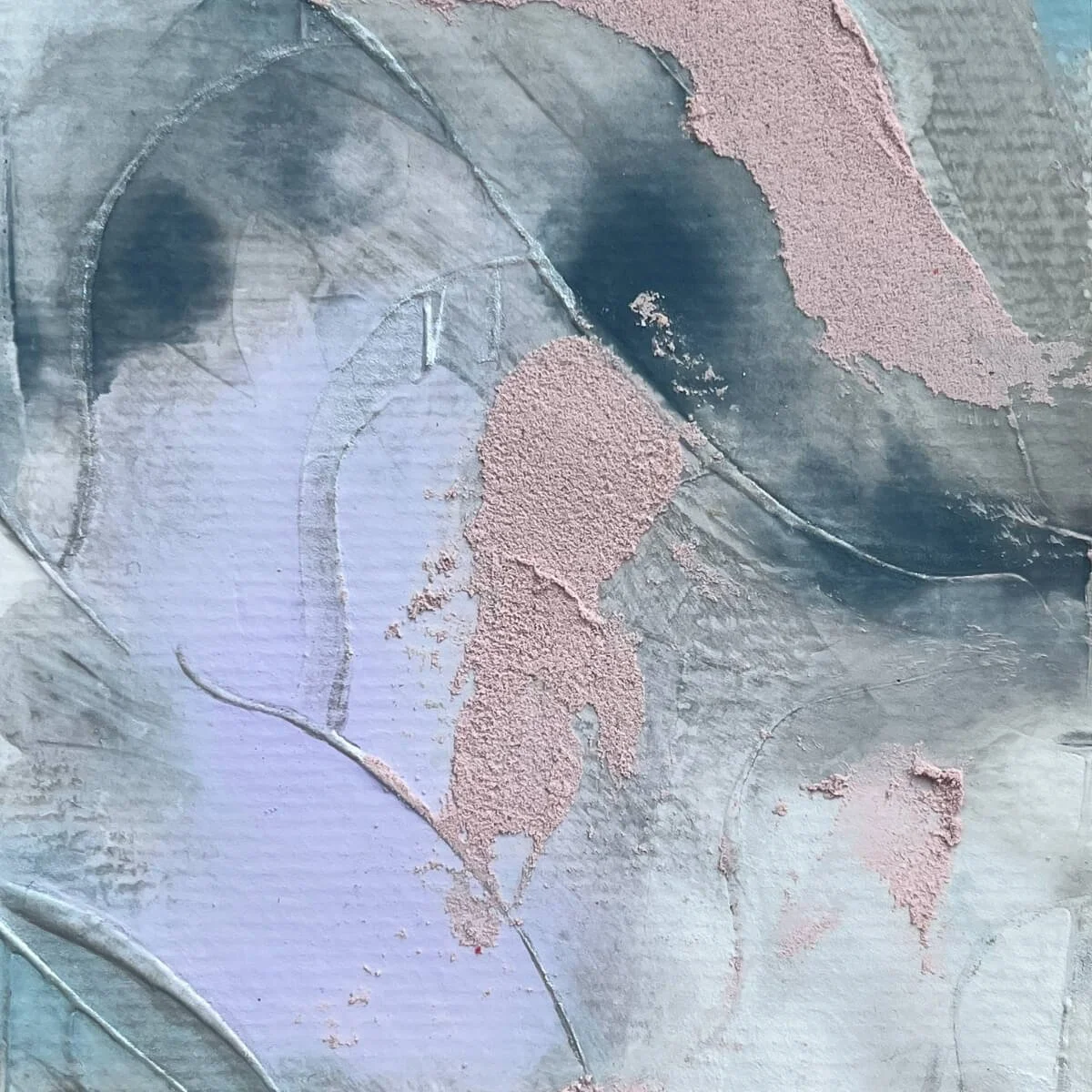 Close-up of Between Breaths No. 3 – textured layers and calm brush movement in pastel blue and muted rose.