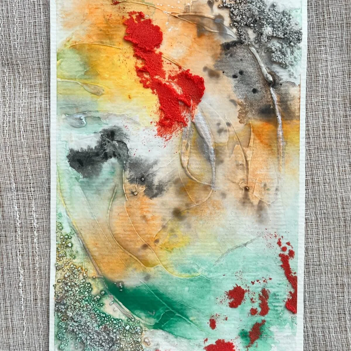 Spiritual-inspired composition with bright red pigments and emerald green textures – No. 10 of the Built Of Light series.