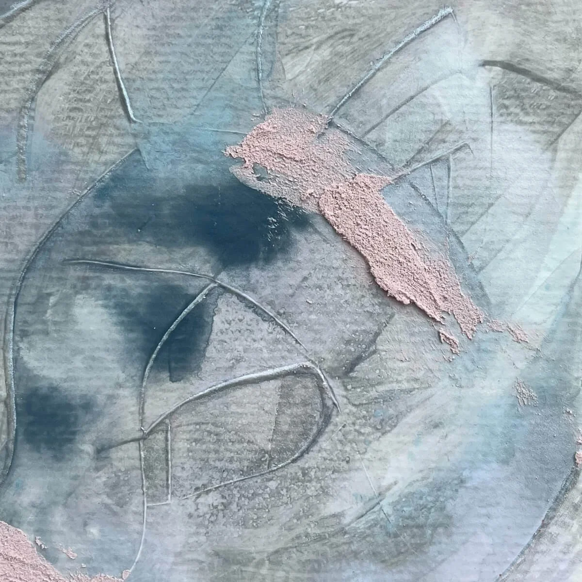 Detail view of Between Breaths No. 8 – soft pigment granules and silver sheen create an intimate, soothing tactile experience.