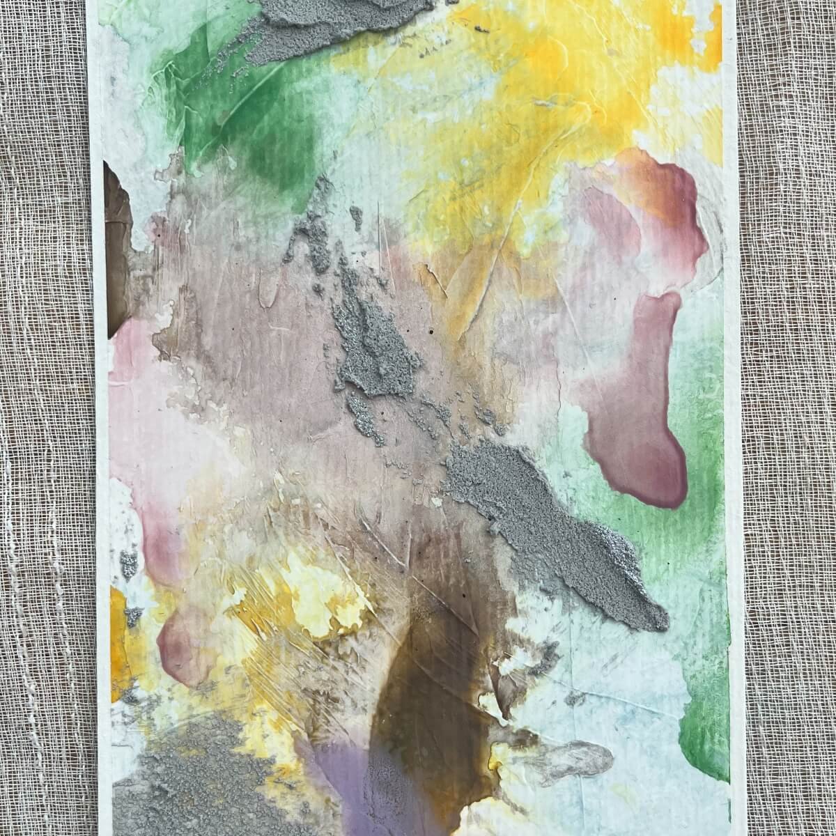 Between the Seconds No. 6 – Delicate abstract with floating forms in gentle pink, olive green, and baby blue.