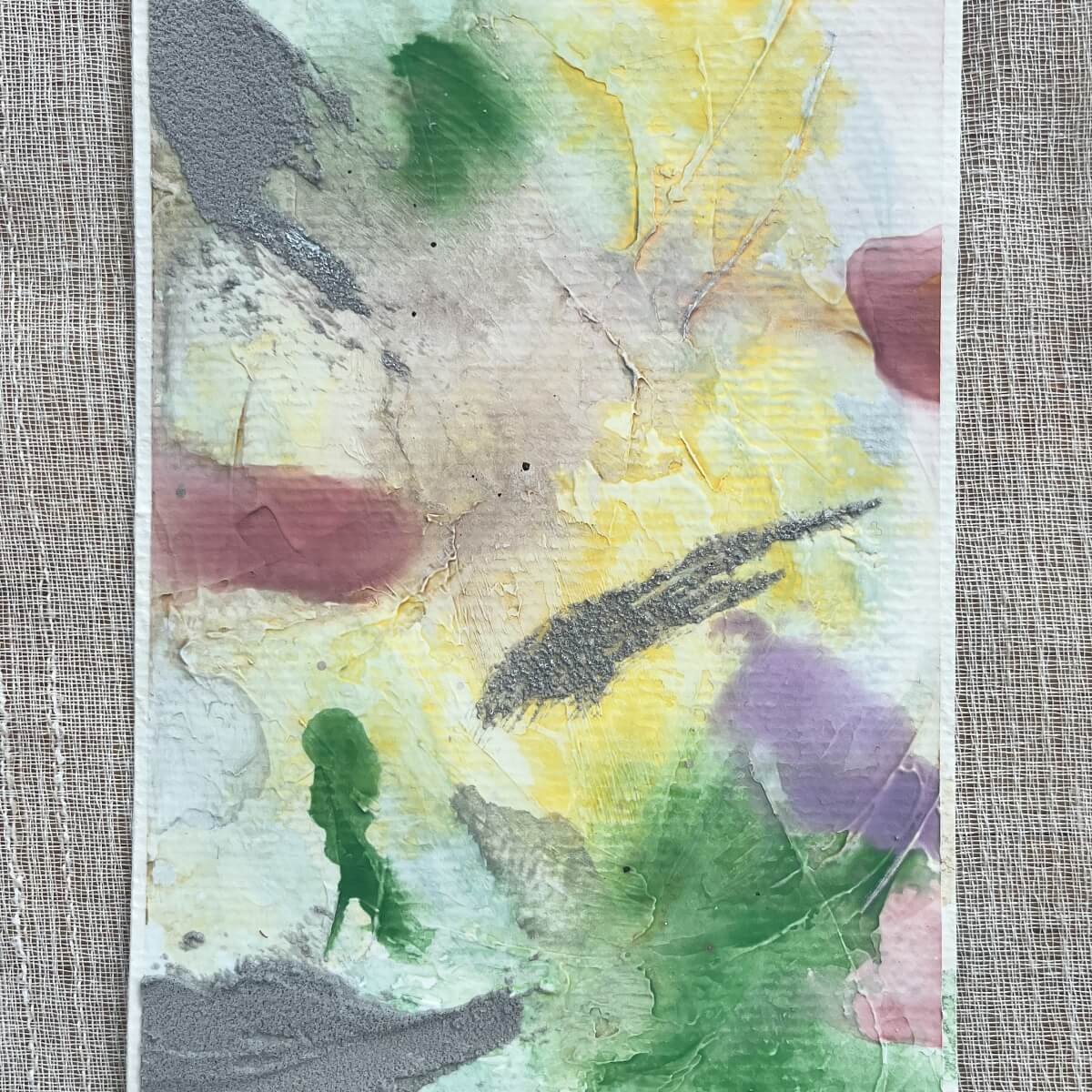 Between the Seconds No. 3 – Abstract artwork in watercolor layers with soft pinks, pale gold, and gentle greens.