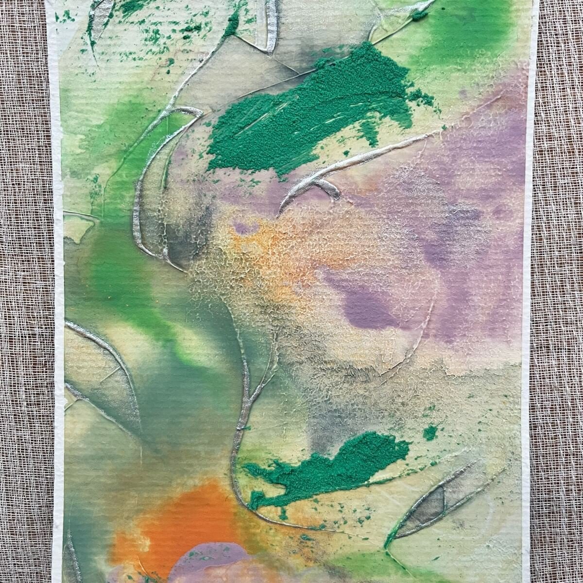 Artwork No. 7 from the Silver Feathers Rising series – bright green accents and earthy undertones blend across abstract forms.
