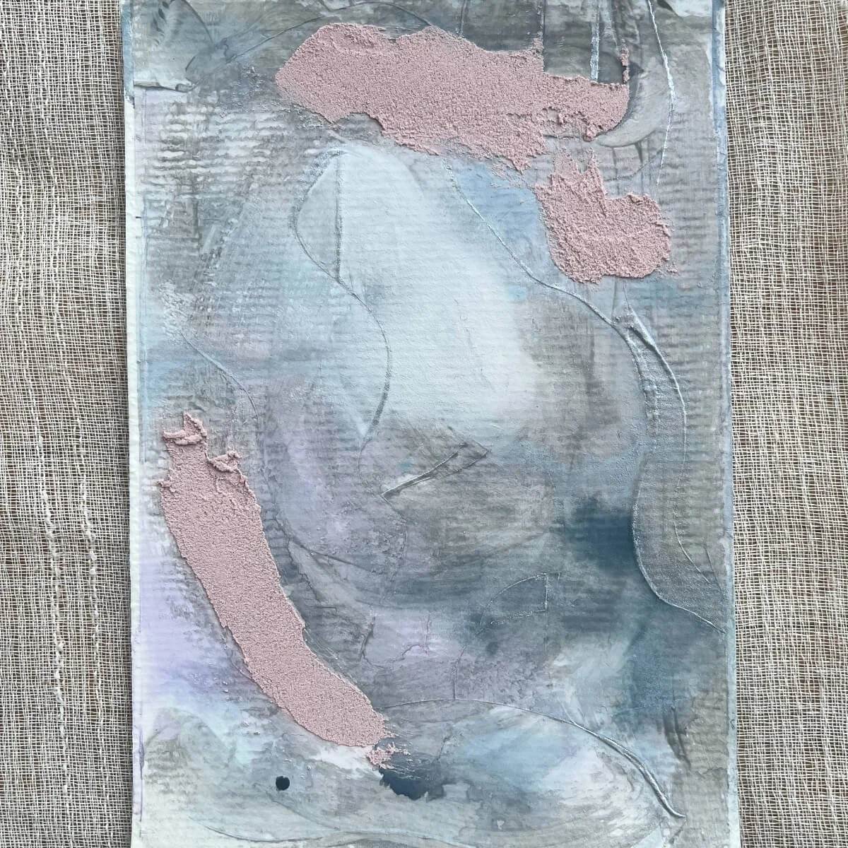 Artwork Between Breaths No. 5 – soft transitions of light and shadow with subtle textures in oceanic blue and dusky rose.