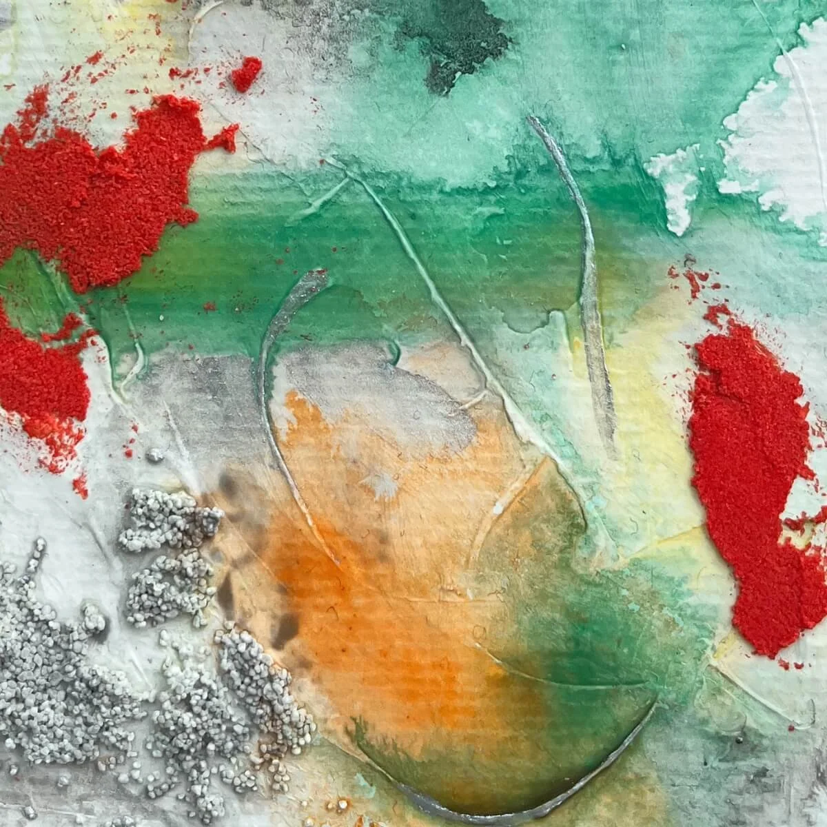 Detail shot showing bold red pigment and green watercolor gradients over silver texture – No. 1 from Built Of Light