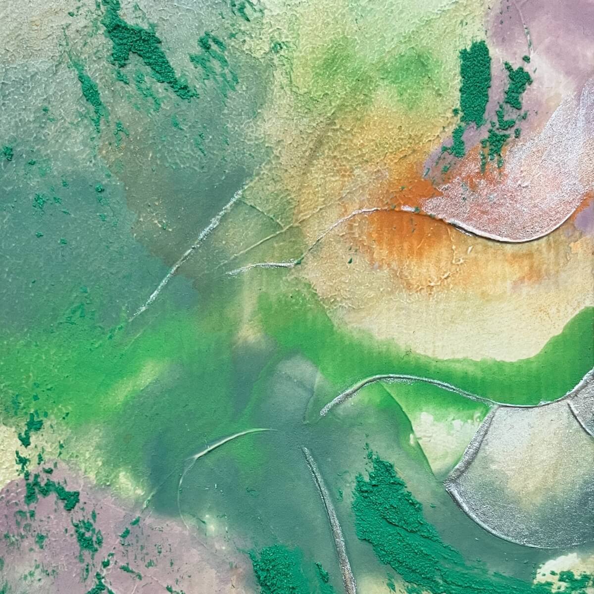 Detail of Artwork No. 10 from the Silver Feathers Rising series – soft matte textures and glowing pigment accents up close.