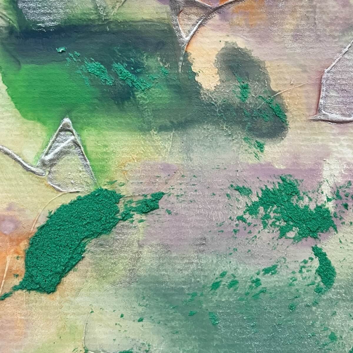 Close-up of Artwork No. 3 from the Silver Feathers Rising series – soft color gradients and tactile surface contrasts.