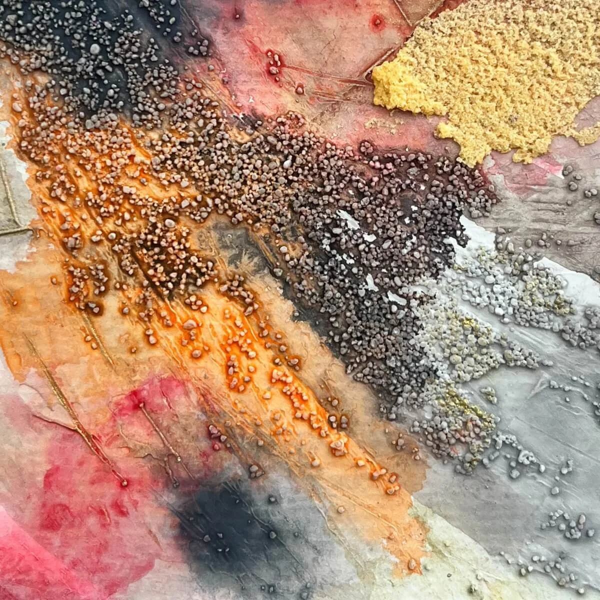 Macro view of No. 3 vibrant textures, granular structure and fiery pigments – from the artwork series 