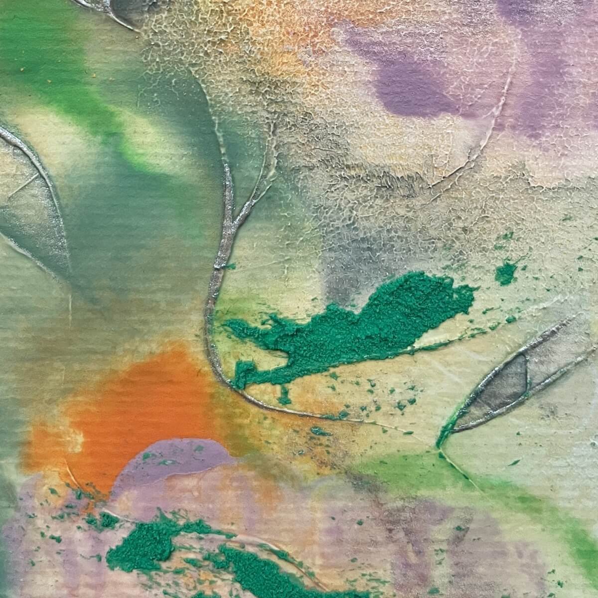 Close-up of Artwork No. 7 from the Silver Feathers Rising series – rich texture contrasts and subtle shimmer in the surface.