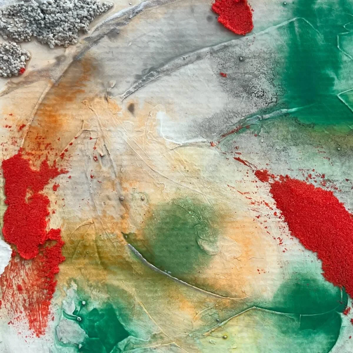 Intimate view of layered textures in red, green, and grey, capturing vibrant energy – No. 7 from Built Of Light.