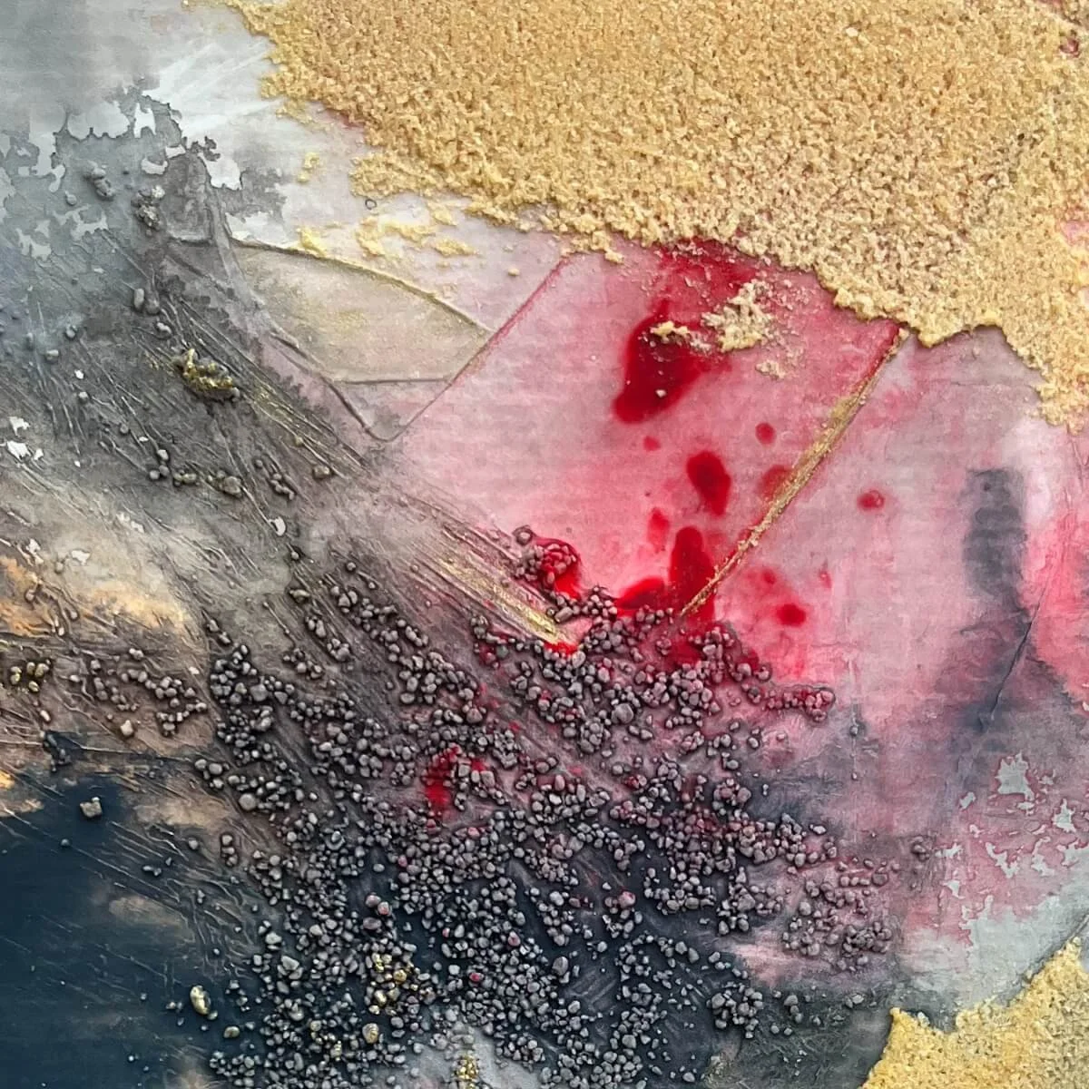 Zoom into tactile artwork No. 4 with rough surface structures, red and golden pigment textures from the fire series.