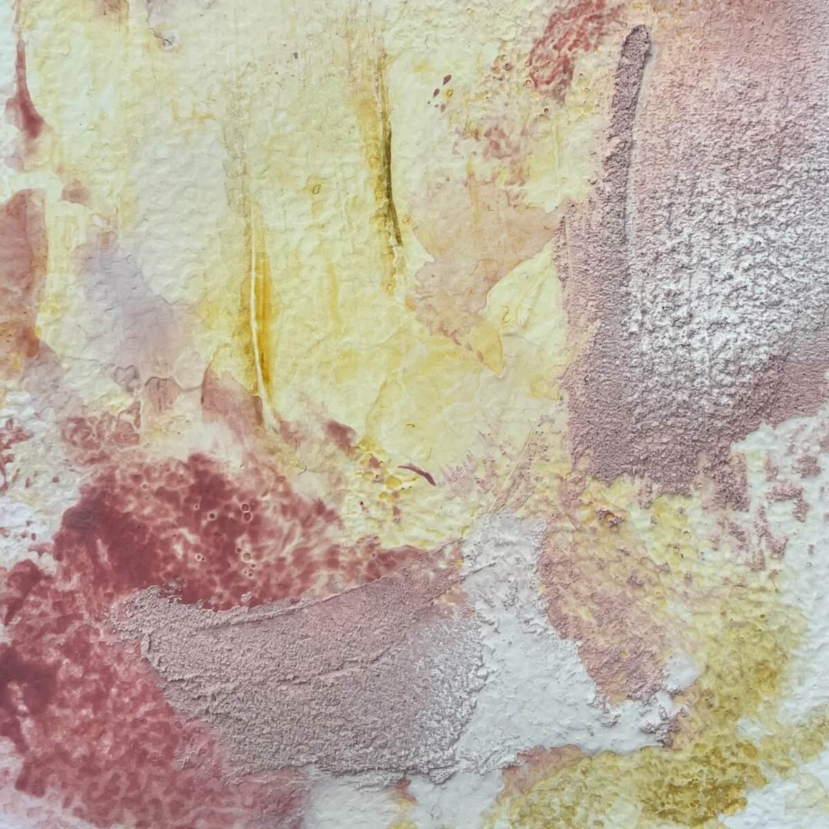 Close-up texture showing rose and yellow pigment and subtle, hand-drawn golden lines – Held By Myself No. 9
