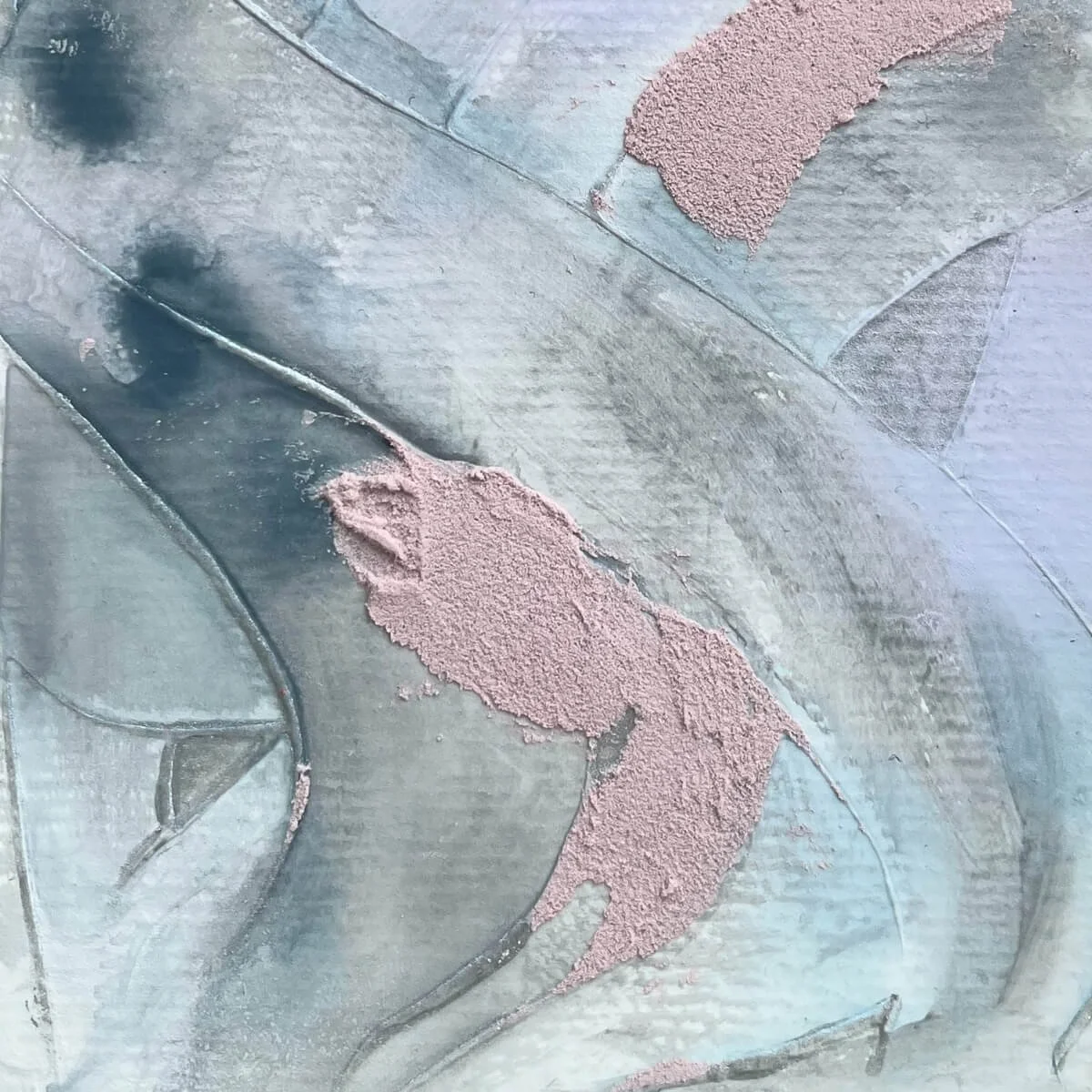 Close-up of Between Breaths No. 7 – rough pigments and soft edges merge into a serene surface expression.
