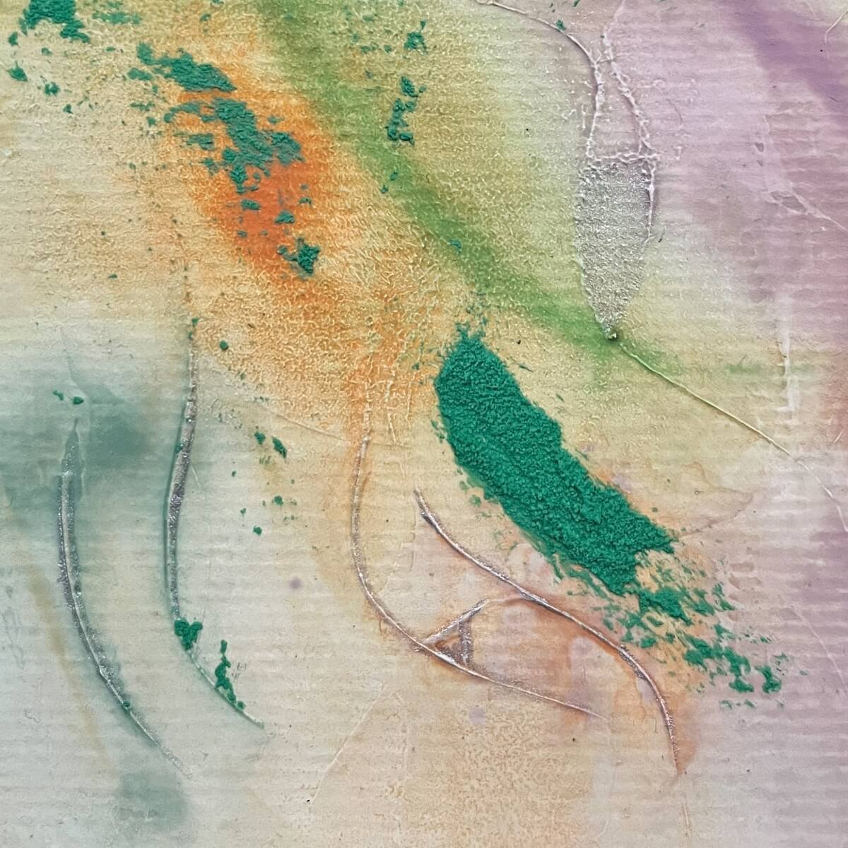 Detail of Artwork No. 2 from the Silver Feathers Rising series – deep green pigments merge with subtle lilac and mineral texture.