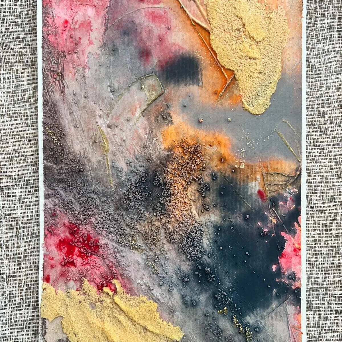 Textured artwork No. 6 with intense crimson and burnt umber pigments contrasted with light base tones – 