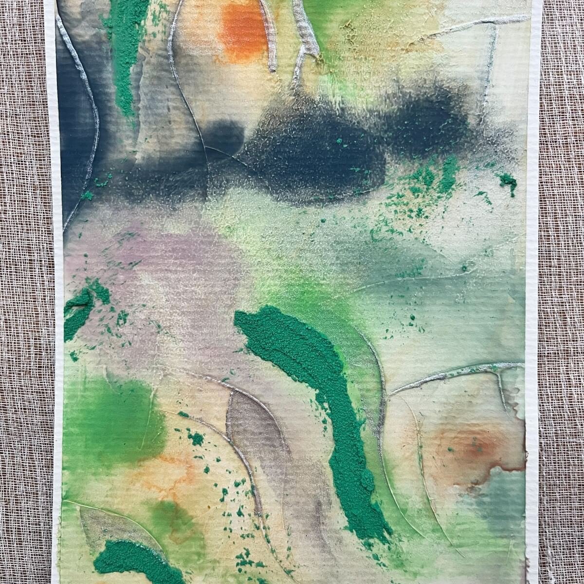 Artwork No. 4 from the Silver Feathers Rising series – expressive green strokes over warm pastel tones and soft textures.