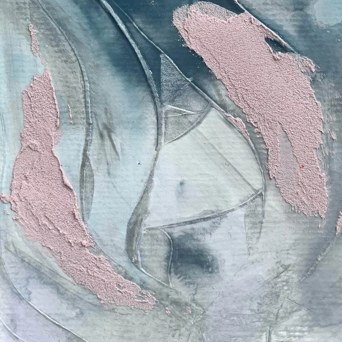 Close-up of Between Breaths No. 9 – layered textures, blending tones, and grain structures highlighted by light reflections.