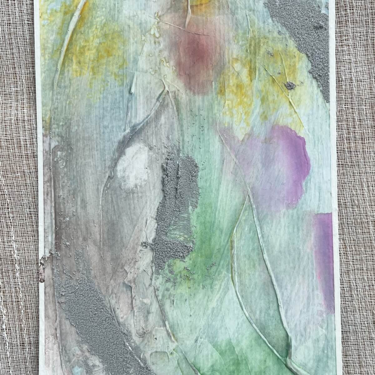 Between the Seconds No. 2 – Textured painting in pastel shades of sage, blush pink, and light grey, evoking calm and slowness.