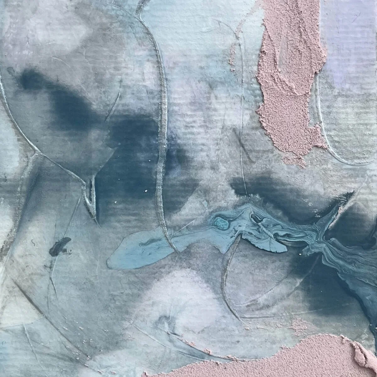 Detail view of Between Breaths No. 10 – textured strokes and soft pigments show the emotional depth of a quiet inner breath.