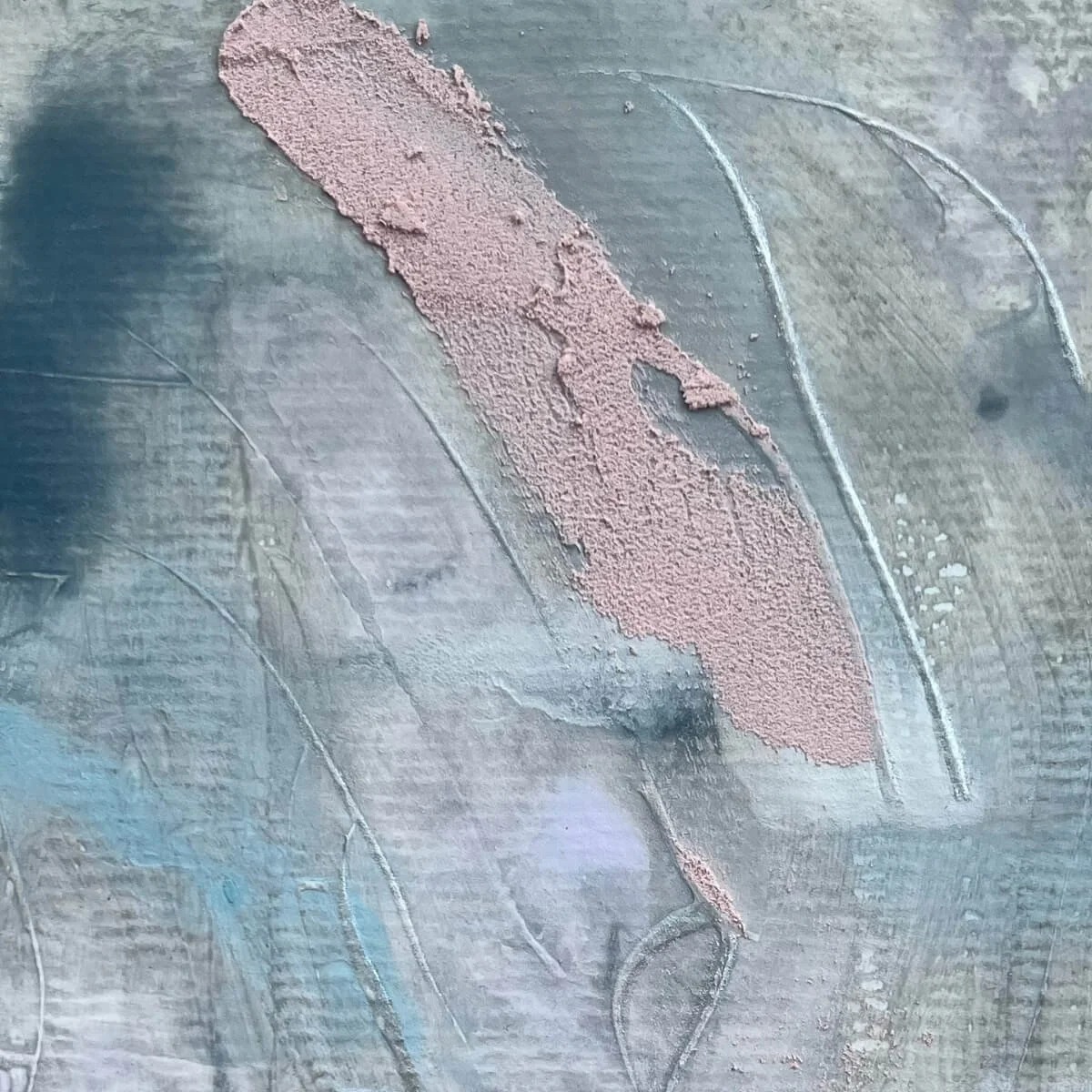 Detail view of Between Breaths No. 4 – grainy textures meet velvety brushstrokes, softly blending sky and skin hues.