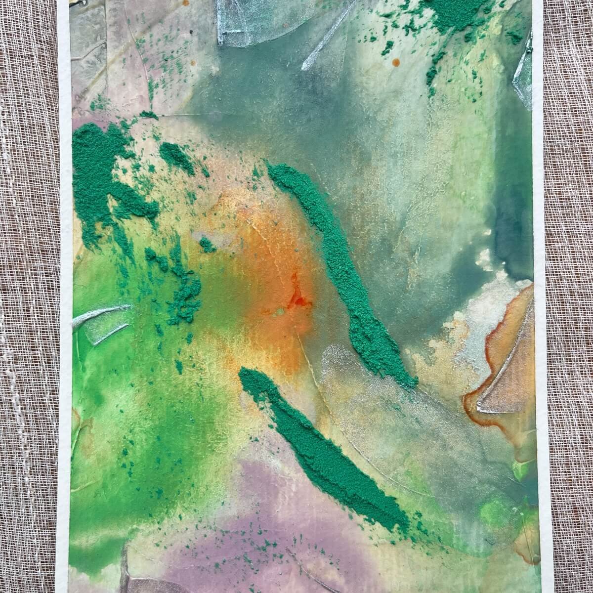 Artwork No. 1 from the Silver Feathers Rising series – soft flowing forms in green, violet, and orange hues with rough texture accents.