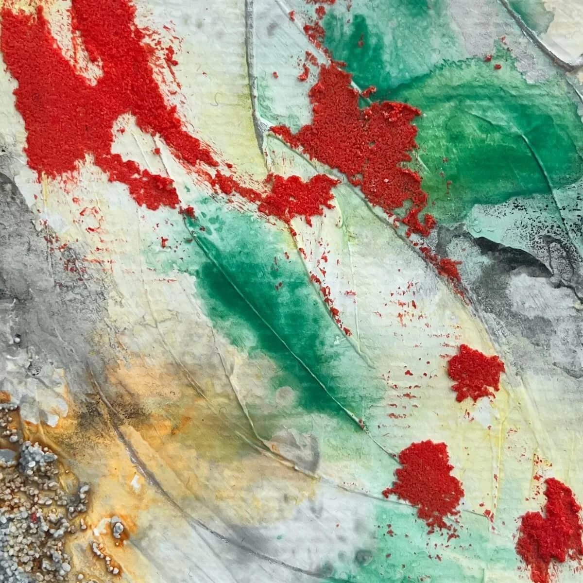 Highlight of abstract elements in deep red, sage green, and granular silver dust – No. 9 from the Built Of Light series.