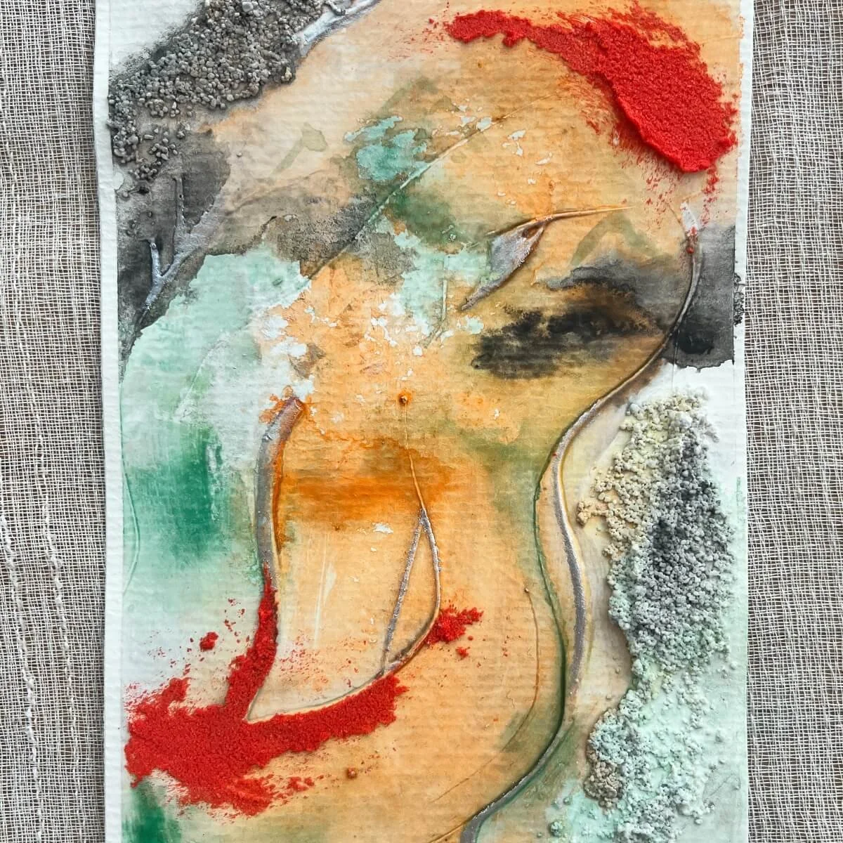 Energetic composition with vibrant scarlet, forest green, and mineral grey tones – No. 6 from the Built Of Light series.