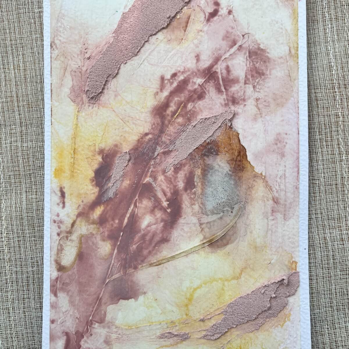 Earth-toned artwork No. 4 in rose, beige and light yellow with intuitive marks and layered texture