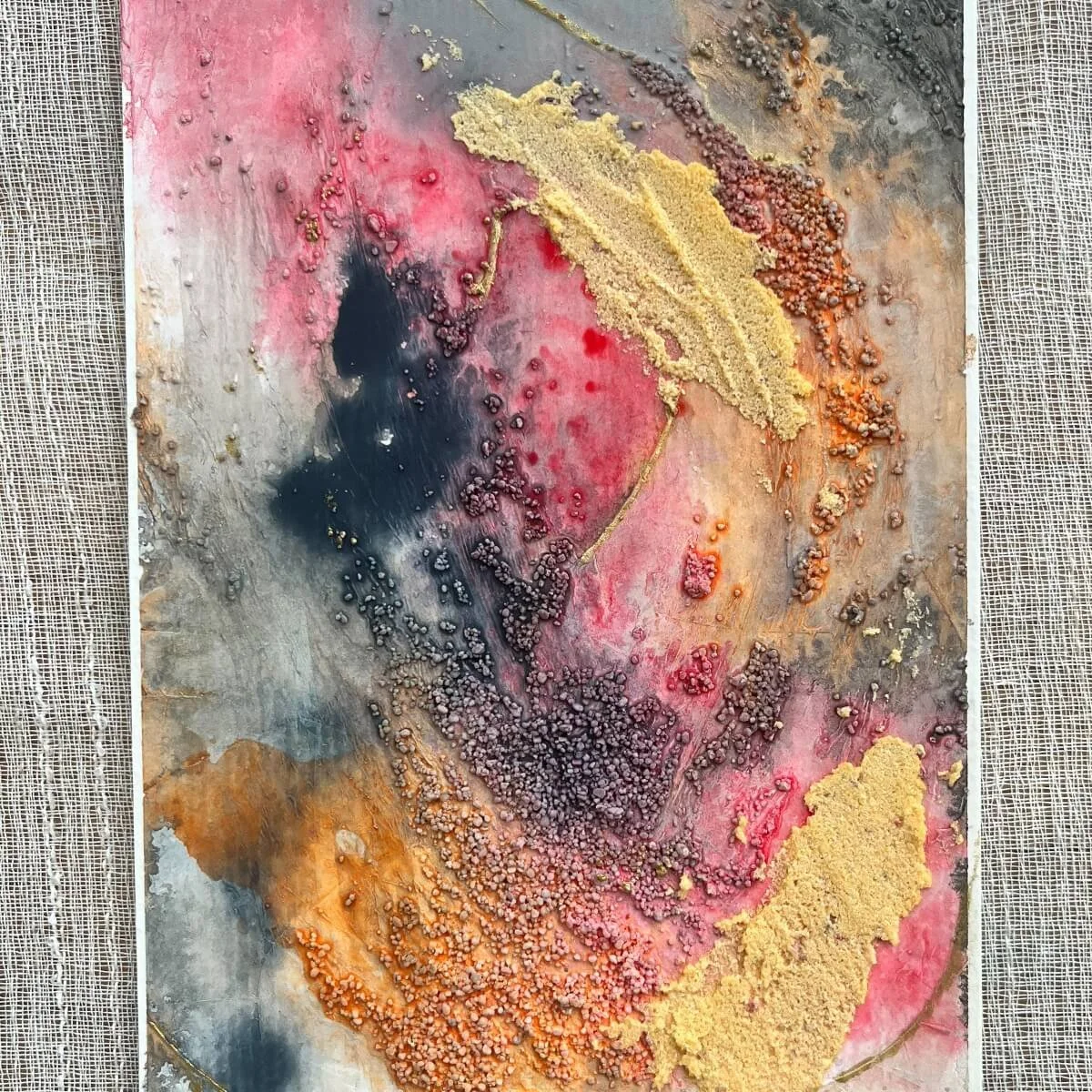 Handmade abstract composition with deep red gestures, black burn-like marks and gold dust textures – No.5 from the fire-themed collection.