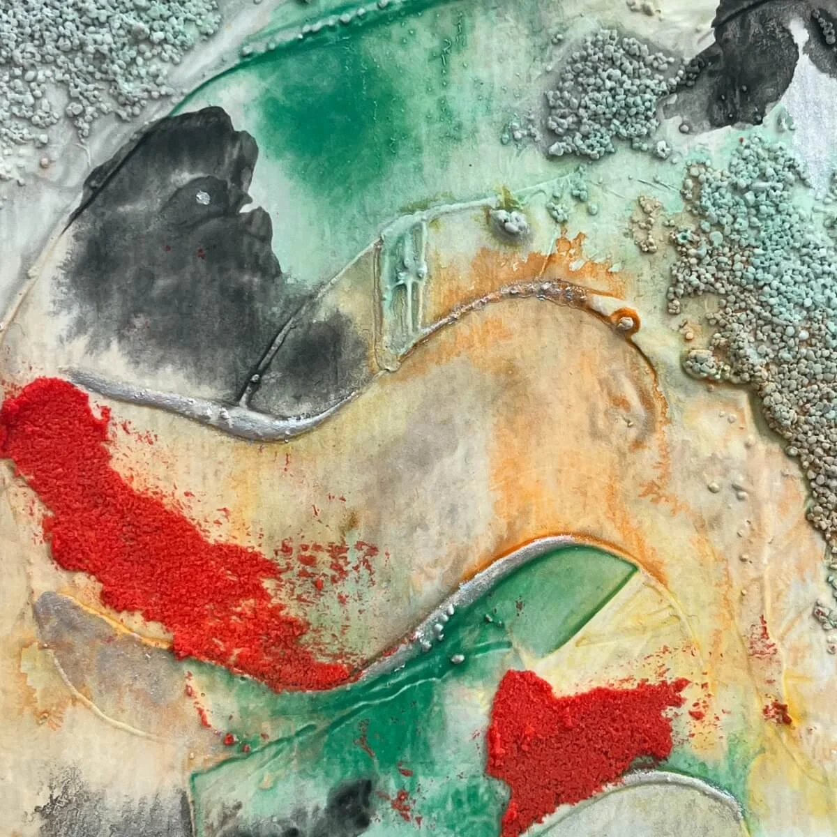 Close-up showing deep crimson accents contrasting with moss green and graphite tones – No. 4 from Built Of Light.