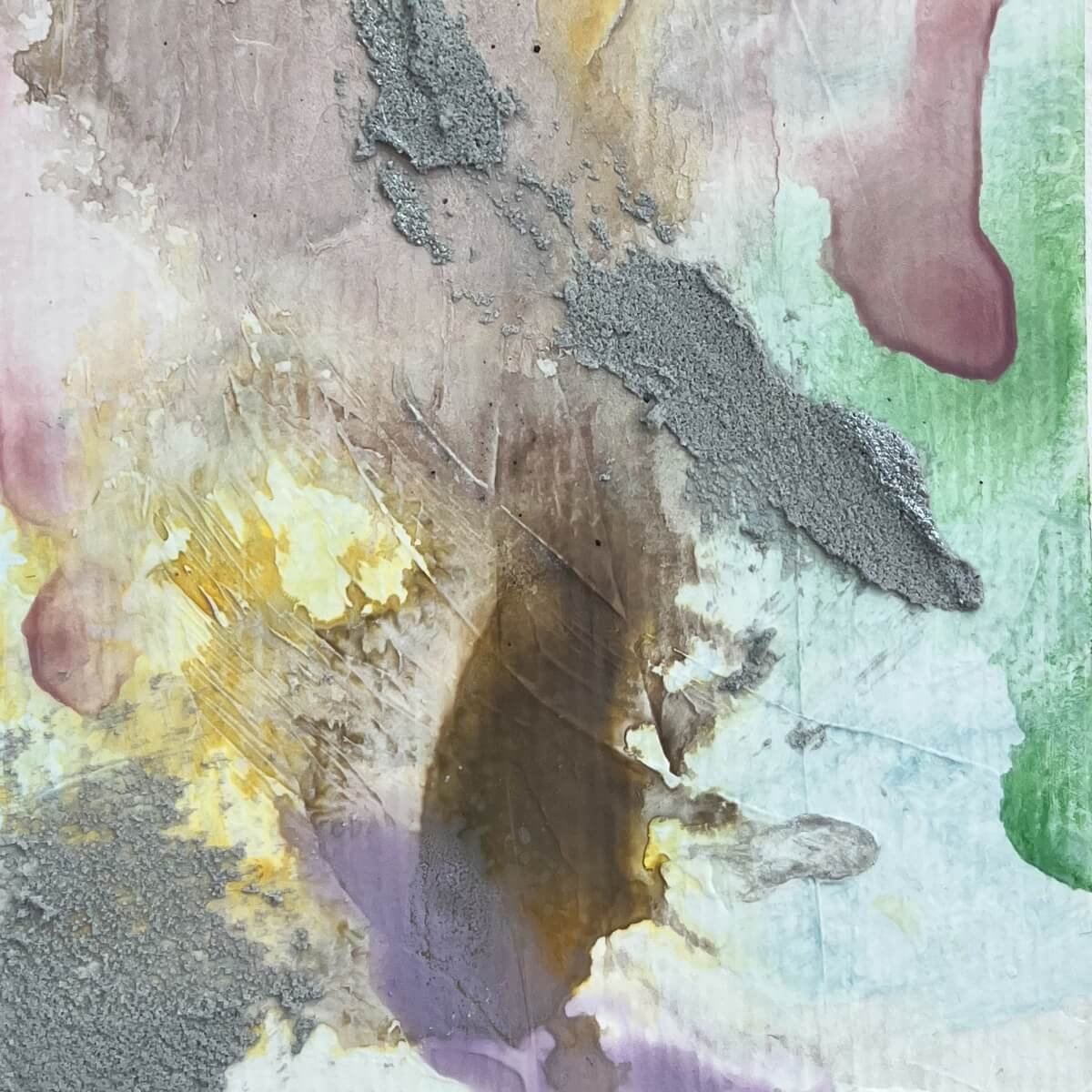 Close-up of Between the Seconds No. 6 – Surface detail with textured strokes and translucent green wash.