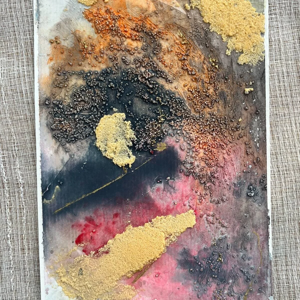 Acrylic and texture-based art with fiery tones and golden highlights on matte background – No. 9 from 