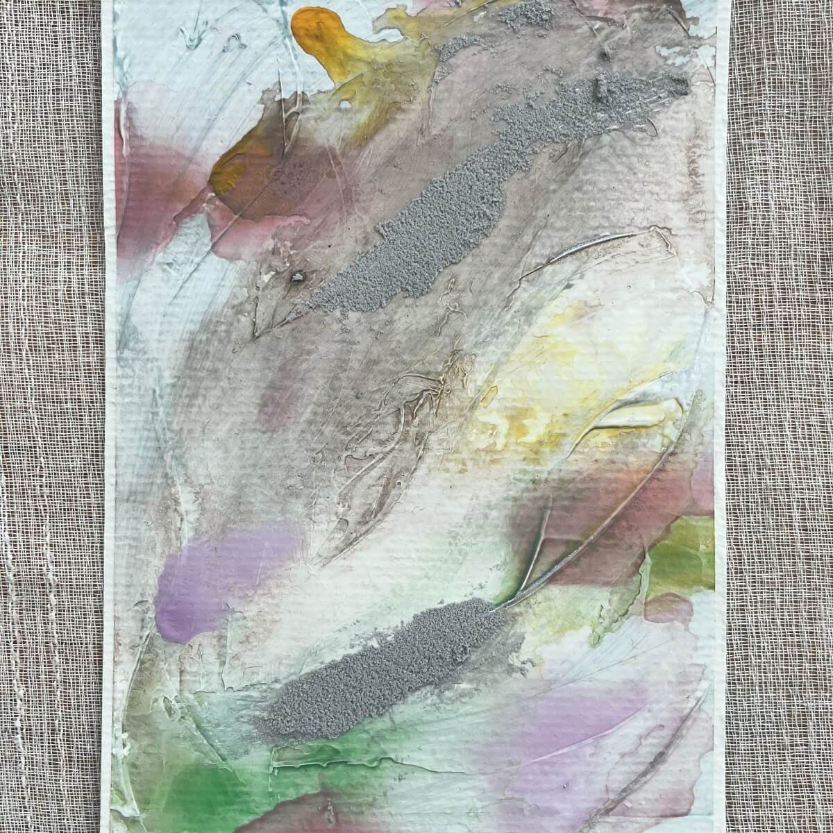 Between the Seconds No. 5 – Minimalist expression in pastel tones of muted green, yellow, and earthy grey.
