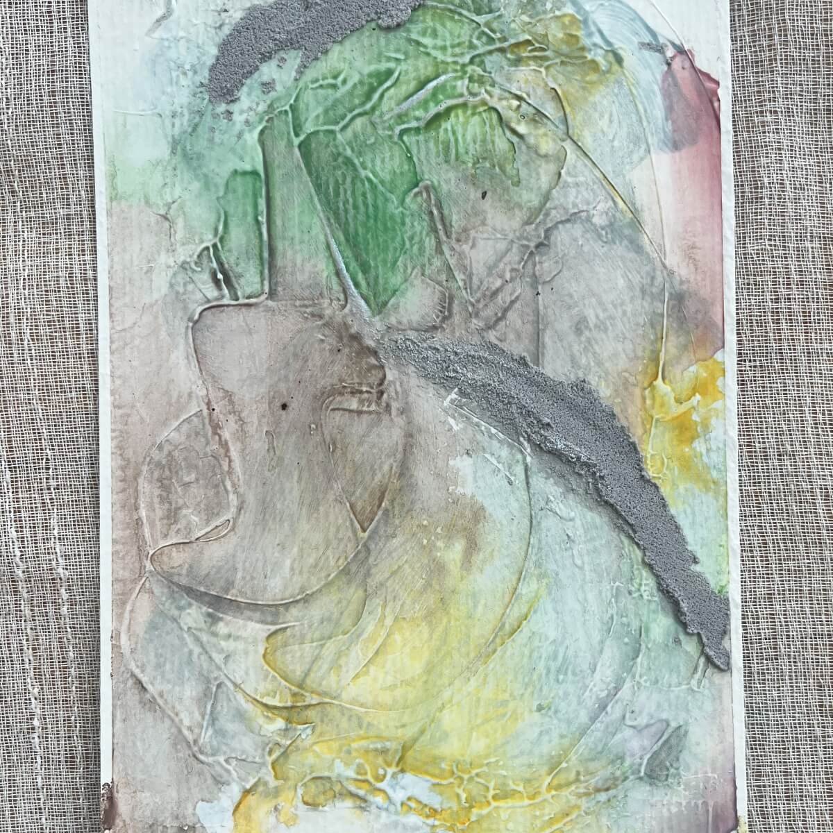 Between the Seconds No. 10 – Light-filled painting in fresh pastels and textured silver highlights.
