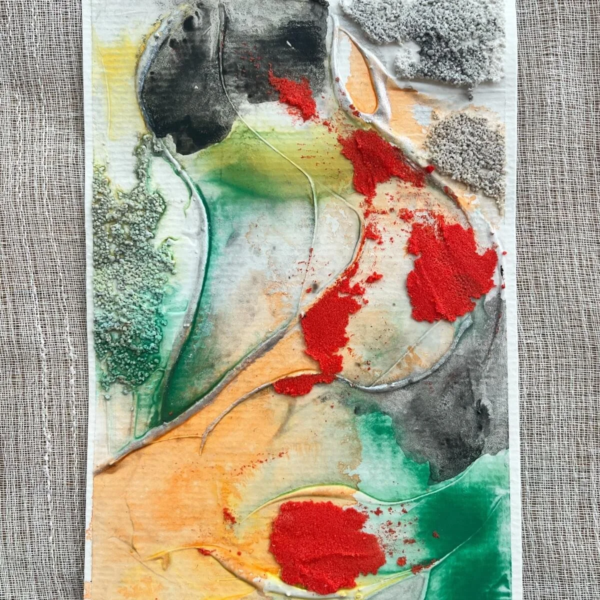 Multisensory painting with layered strokes of crimson, chartreuse, and concrete grey – No. 5 from the Built Of Light series.