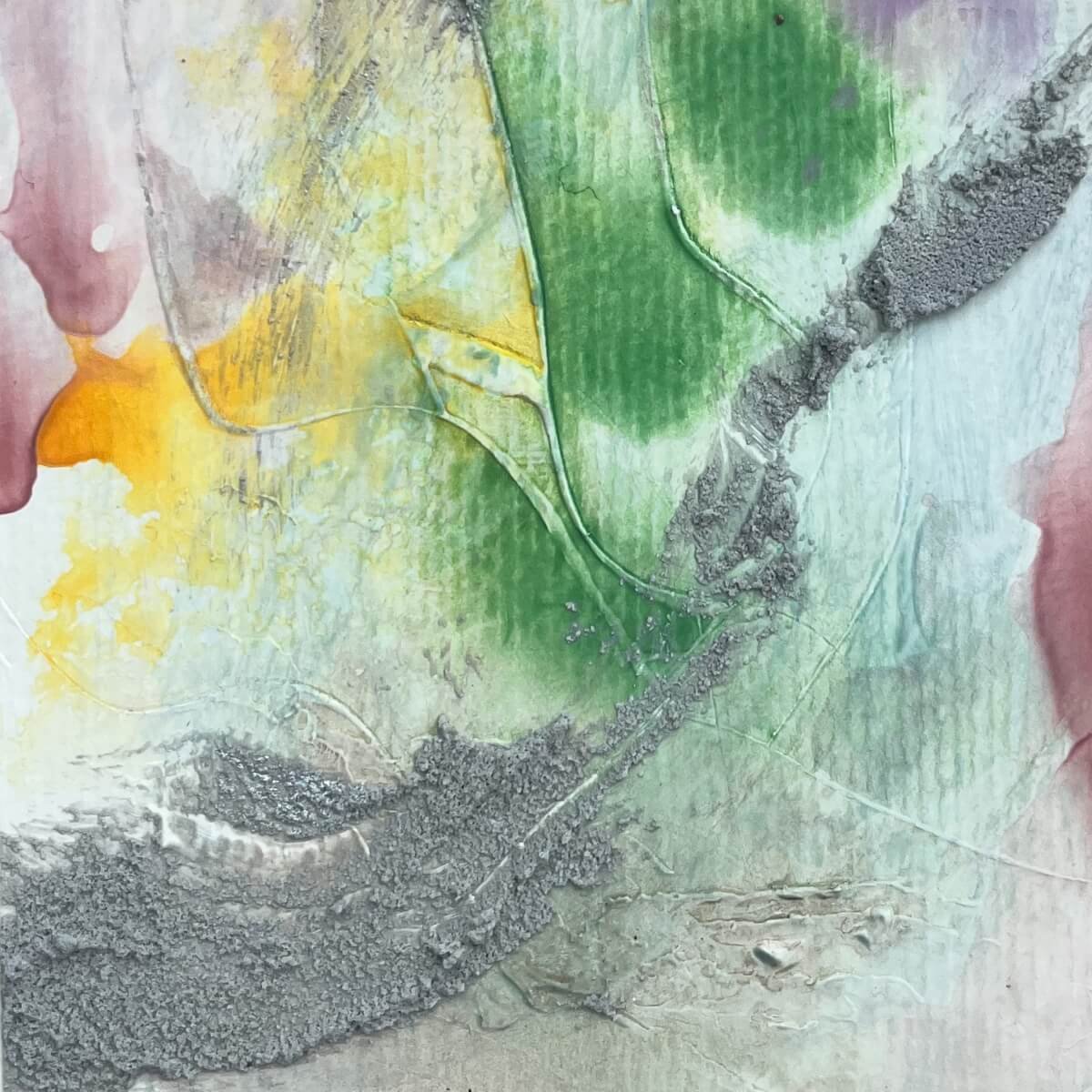 Close-up of Between the Seconds No. 8 – Textural surface with flowing pastel pigments and serene mood.