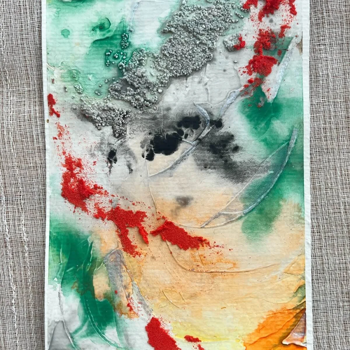 Textured abstract work featuring bold red accents, earthy oranges, and muted stone grey – No. 8 from the Built Of Light series.