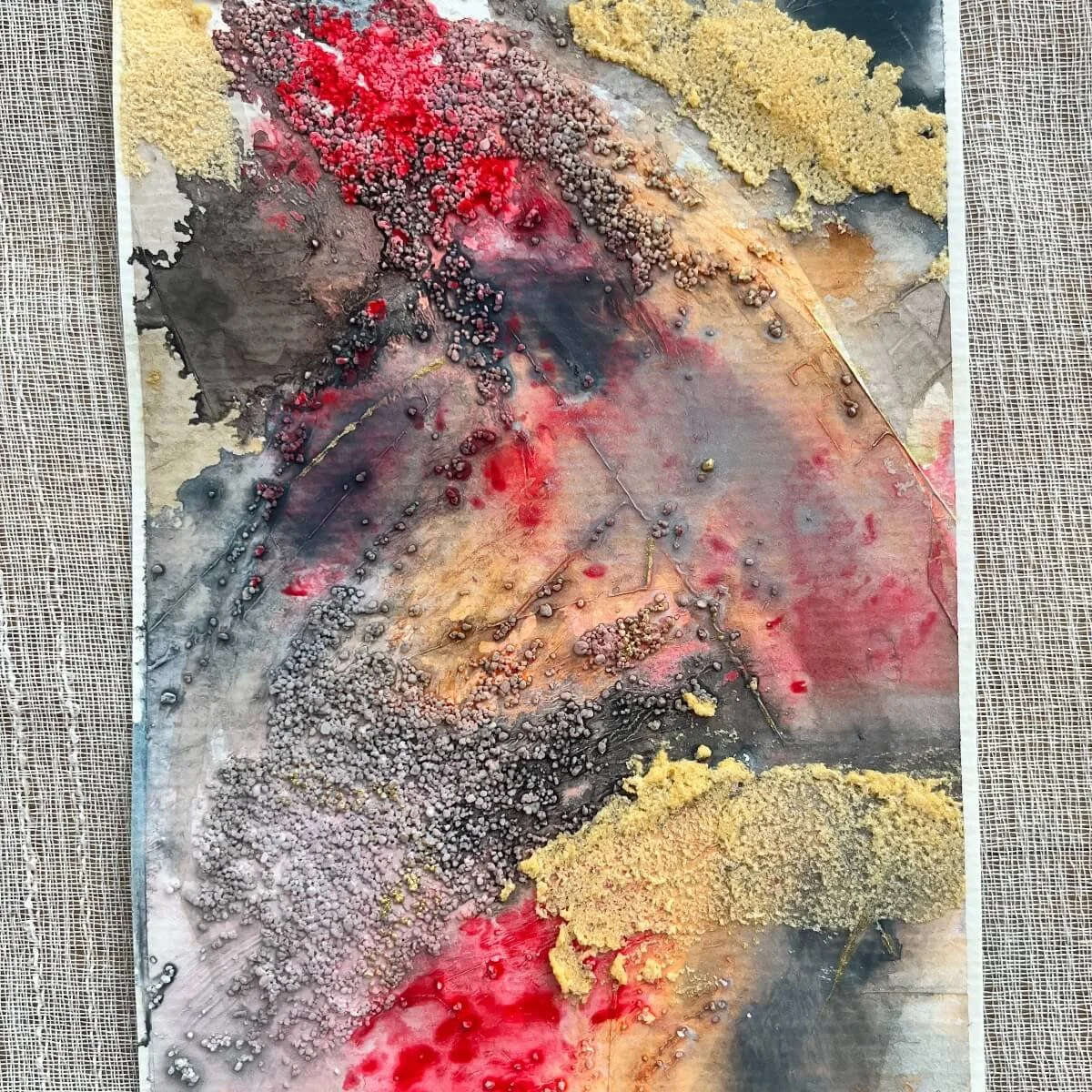 Contemporary artwork No. 8 evoking passion and transformation through red, black, and textured gold pigments.