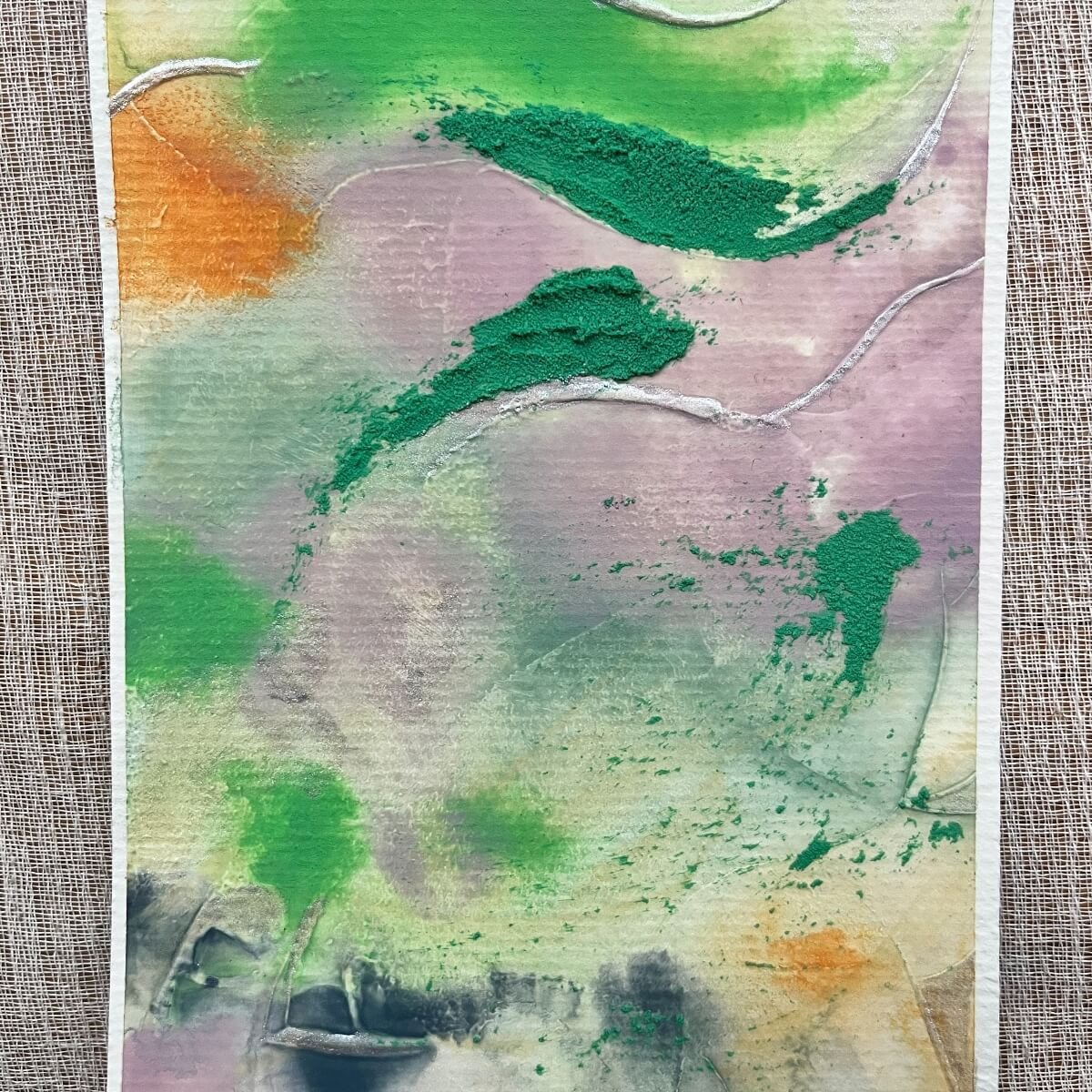 Artwork No. 5 from the Silver Feathers Rising series – energetic flow in jade green, pale pink, and warm ochre tones.