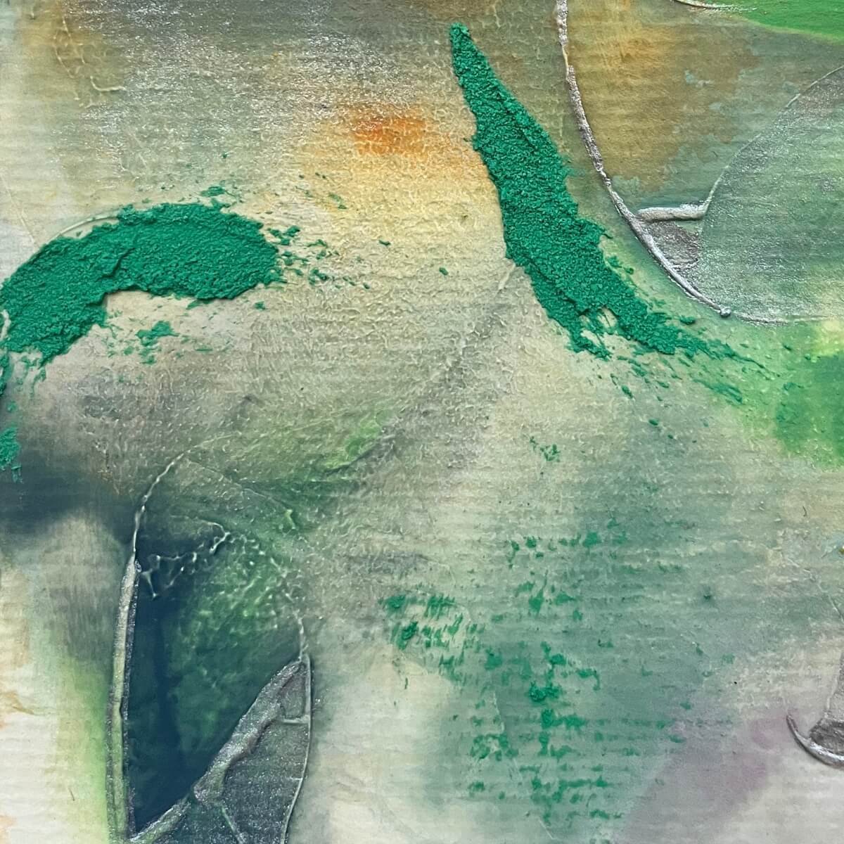 Detail of Artwork No. 6 from the Silver Feathers Rising series – delicate textures and tactile lines with vivid green pigments.