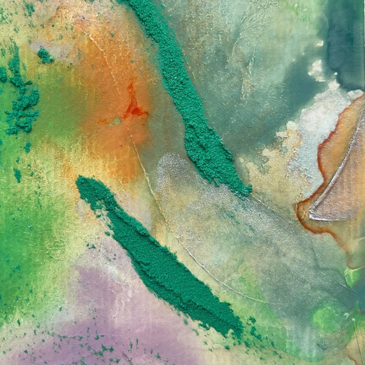 Close-up of Artwork No. 1 from the Silver Feathers Rising series – rich texture and powdery green pigments over smooth pastel layers.