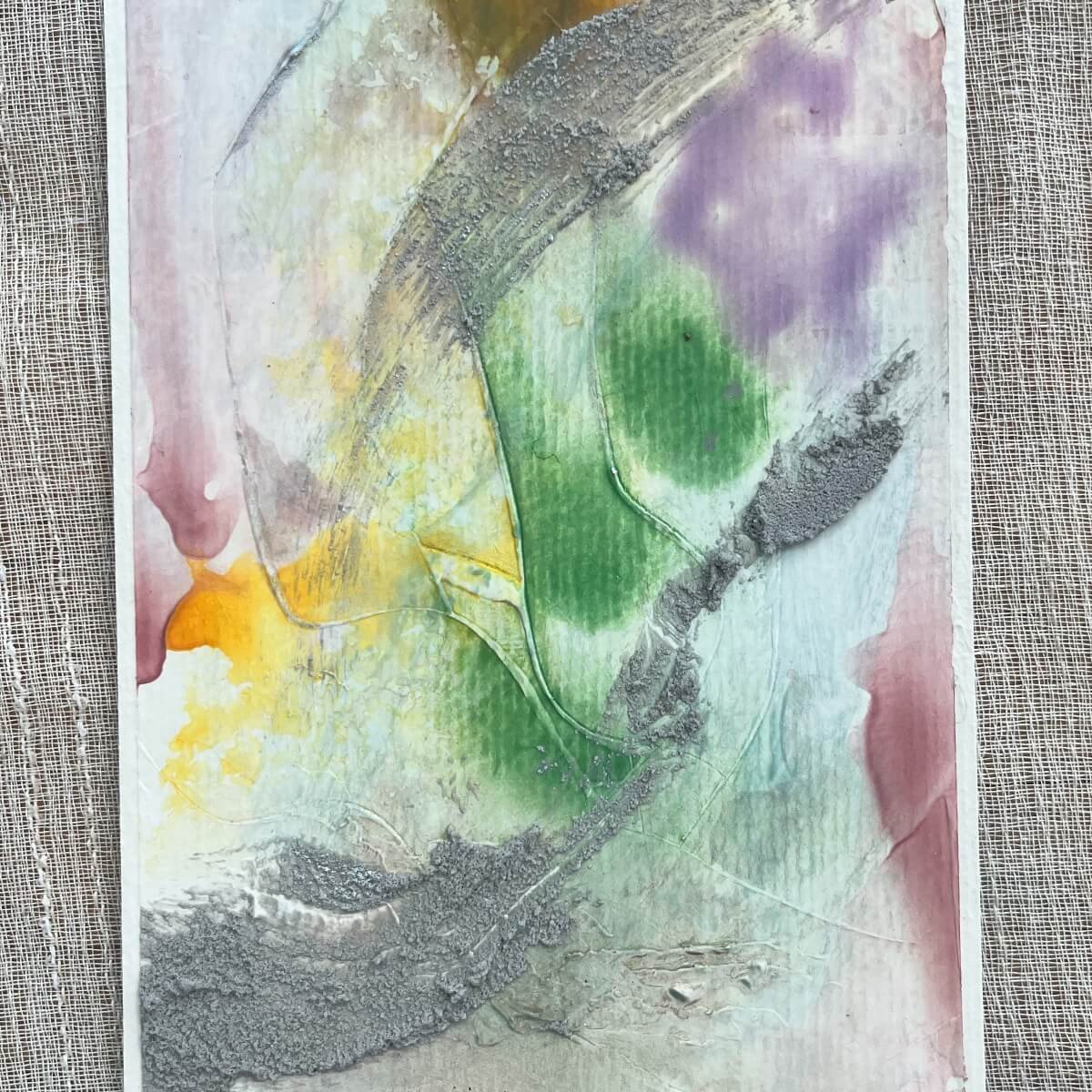 Between the Seconds No. 8 – Organic artwork in soft lime, mauve, and muted amber with a meditative feel.