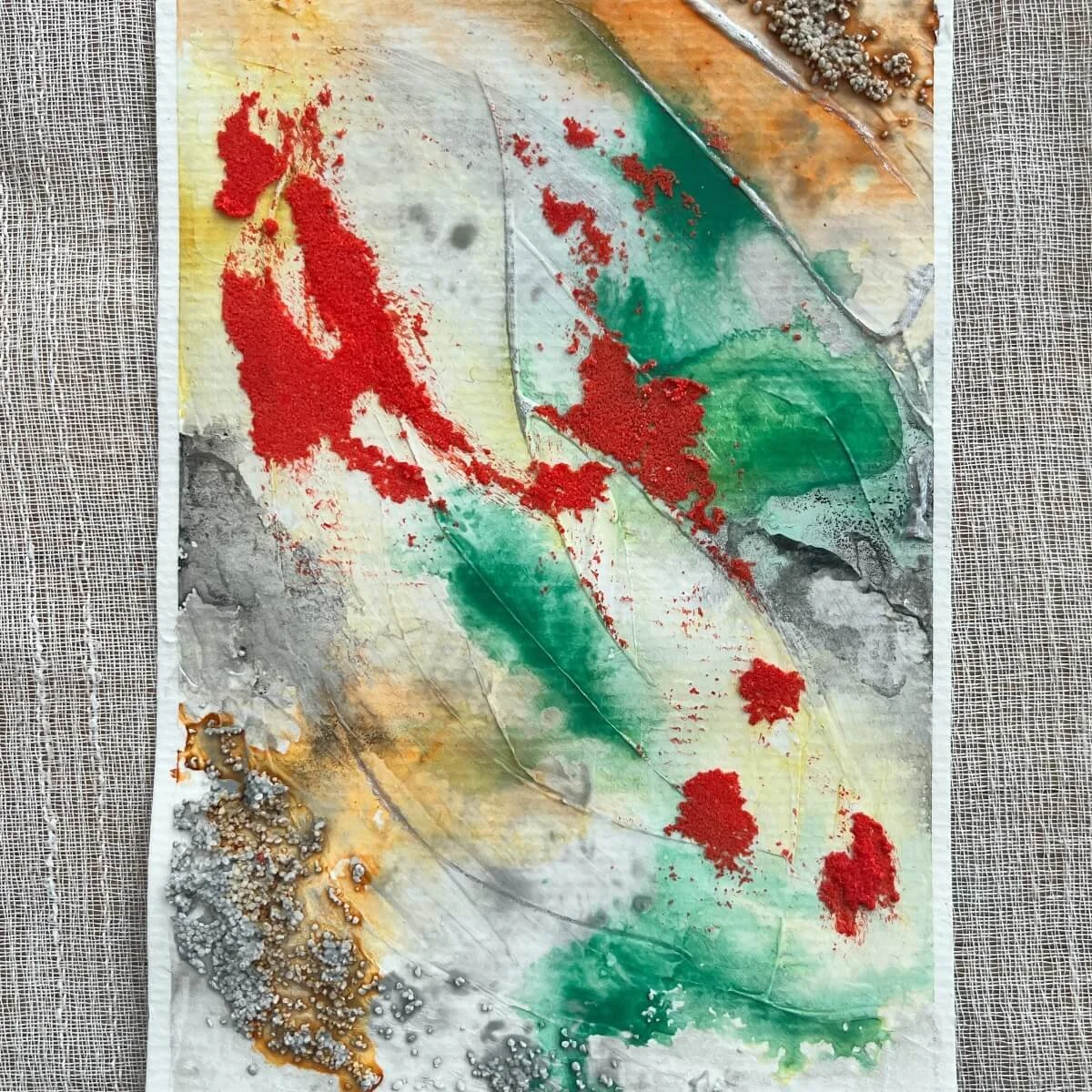 Grounded artwork with dynamic contrasts of red, black, and silver, reflecting inner resilience – Built Of Light No. 9.