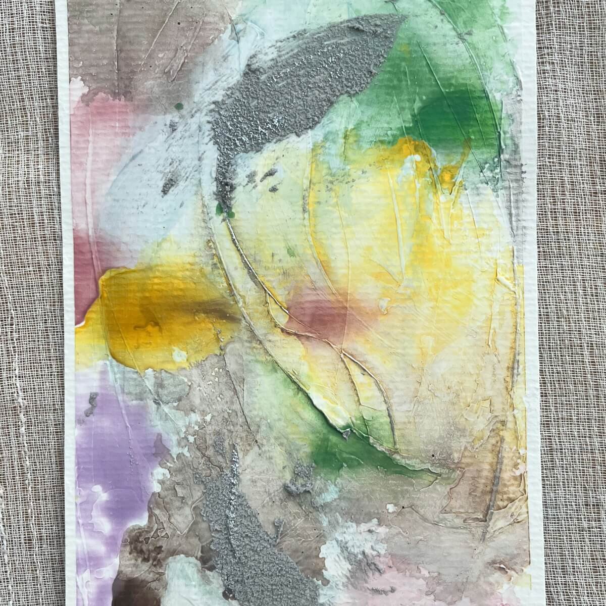 Between the Seconds No. 7 – Introspective painting with lavender tones, sandy textures, and flowing brush marks.