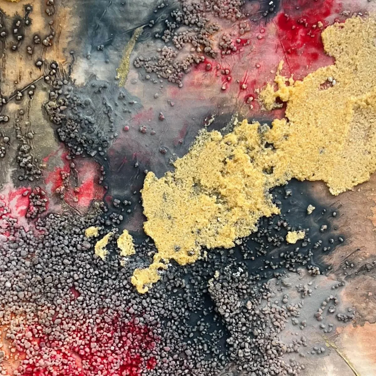 Vivid detail of layered artwork No. 10 with fiery tones and golden highlights capturing emotional intensity and depth.