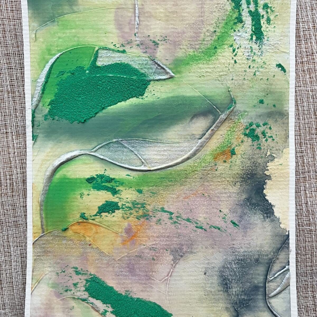 Artwork No. 8 from the Silver Feathers Rising series – calming pastel background meets bold structural green marks.