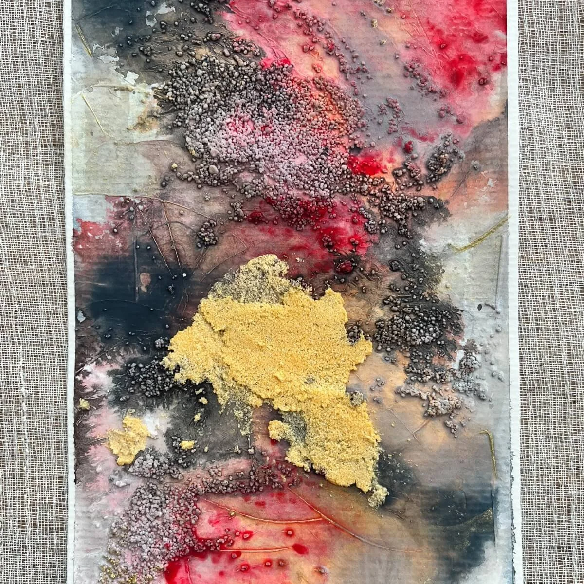 Emotive mixed media piece No.2 with vibrant red, earthy brown and ochre structures, part of the series 