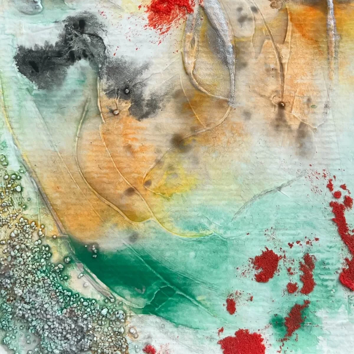Close-up of raised structure and fluid red strokes over earthy surfaces – No. 10 from the Built Of Light collection.