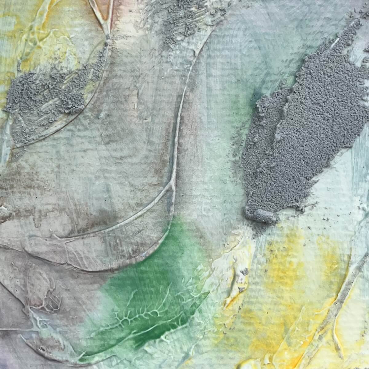 Close-up of Between the Seconds No. 4 – Emphasis on brush structure and layered hues in lavender and ochre.